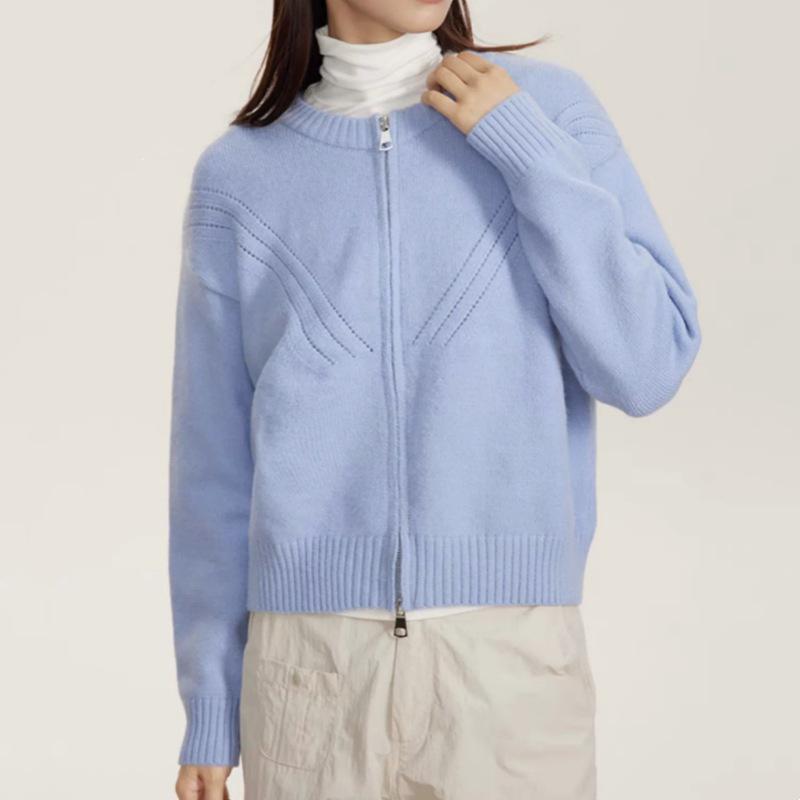 Versatile Women's Round Neck Knit Cardigan - Solid Color Zipper Outerwear for Autumn, Winter, and Spring