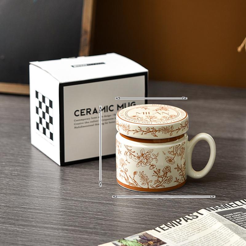 High Value Light Luxury Retro Mug with Lid Ceramic Korean Coffee Cup for Couples