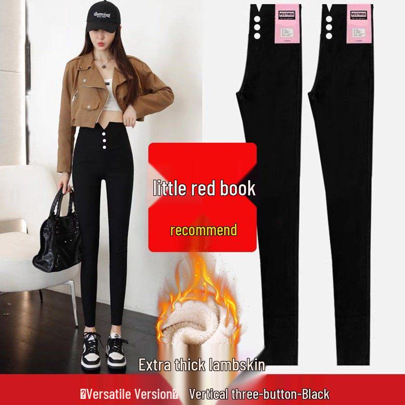 Women's Plus Velvet Thick Black Leggings: Elastic, Skinny, Pencil Pants for Spring, Autumn, Winter.