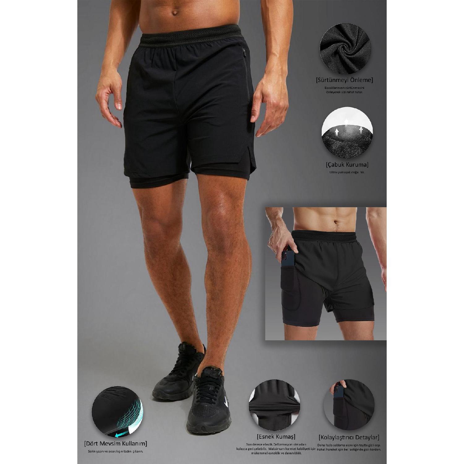 

Unisex Gym And Fitness Lined Tights Shortles / Hidden Pocket Detail S чорний