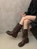 Foreign style is huge, good-looking medium boots for women's 2025 new popular super fire pile leather boots thick heel brown short boots