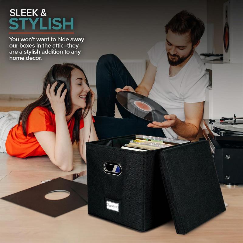 Vinyl Record Storage Box for up to 50pcs 12-Inch Albums Records Crate LP Album Storage Fabric Storage Boxes with Lids