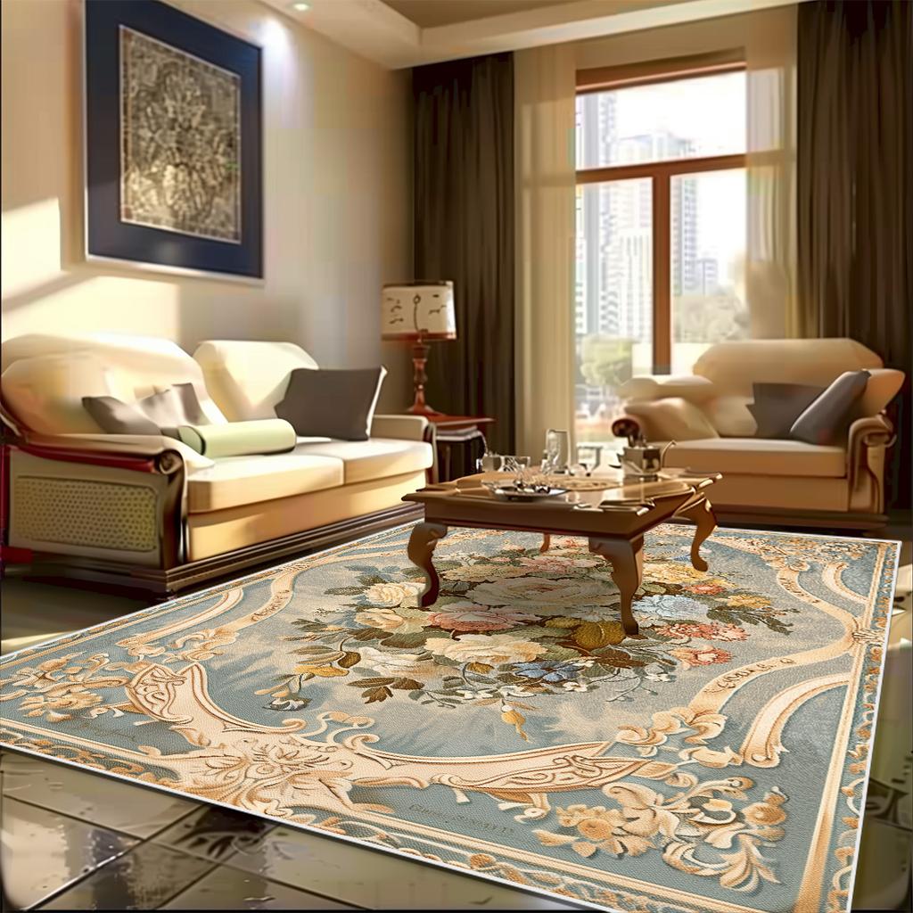 European Carpet Living Room Pastoral Flower Home Carpet Modern Light Luxury Style Bedroom Rug Non-slip Lounge Floor Mat Washable