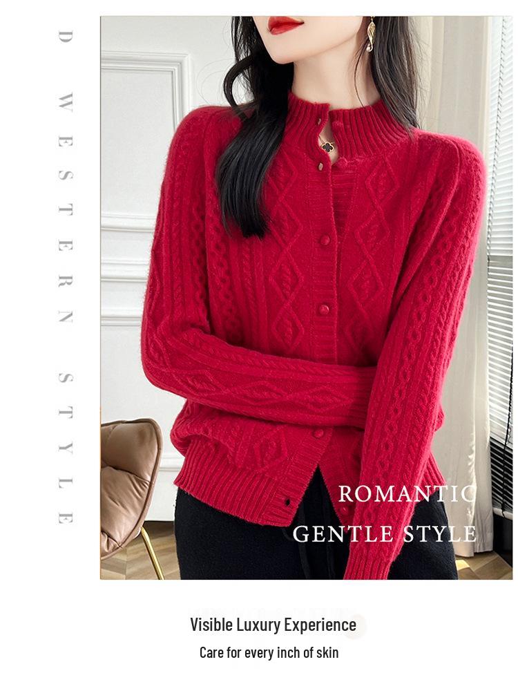Heavy Knit Half High Neck Slim Fit Cashmere Cardigan Sweater for Spring & Autumn