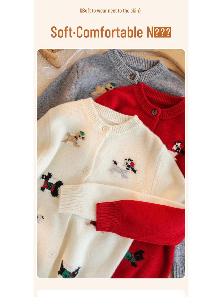 Kinder-Cardigan aus 100% reiner Wolle, gestrickt, mit Cartoon-Motiv, koreanischer Stil, Rundhals-Pullover für Jungen und Mädchen