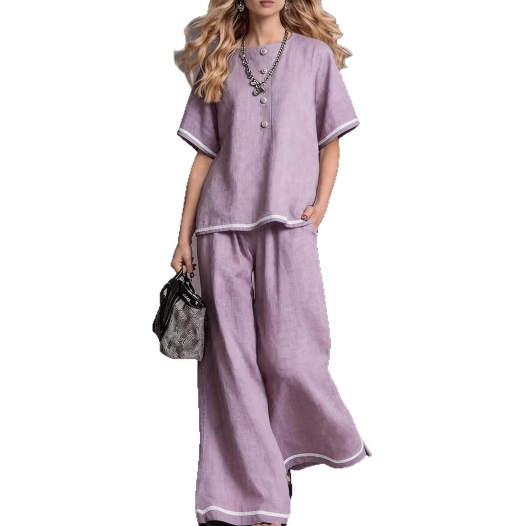 1116 European and American fashion contrasting color wide-leg pants two-piece set cotton and linen vacation style and daily comfortable wear for women