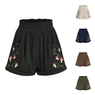 Women's New Summer Corduroy Embroidered Elastic Waist Casual Shorts