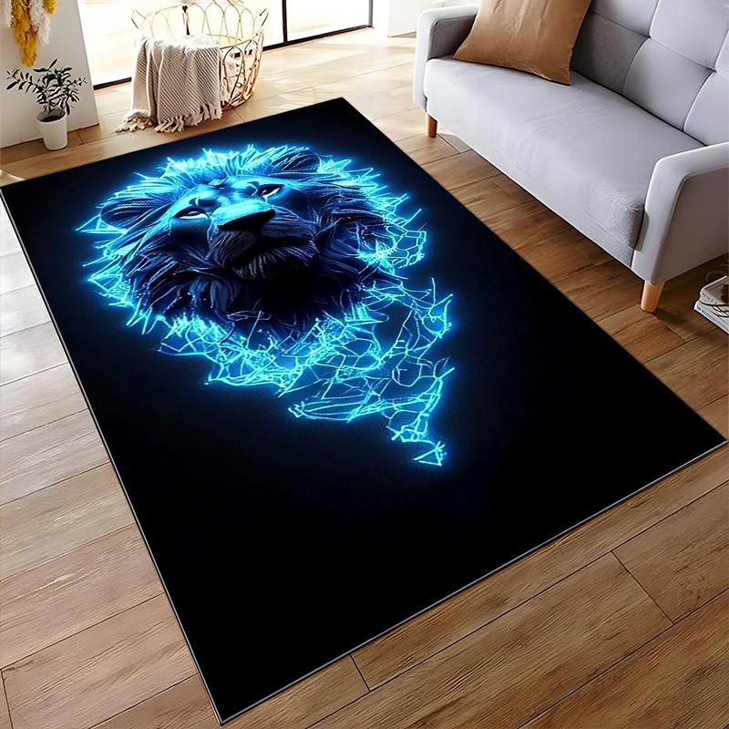 "Black Carpet with Neon Blue Glowing Lion Head Design for Home Decor" Suitable for use as an anti-slip for living room bedroom sofas