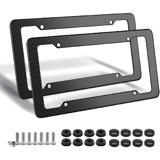 Carbon Fiber License Plate Frame, Glossy Waterproof Plastic Number Plate Frame Print Carbon Fiber Pattern For Man And Women (With Fasteners And