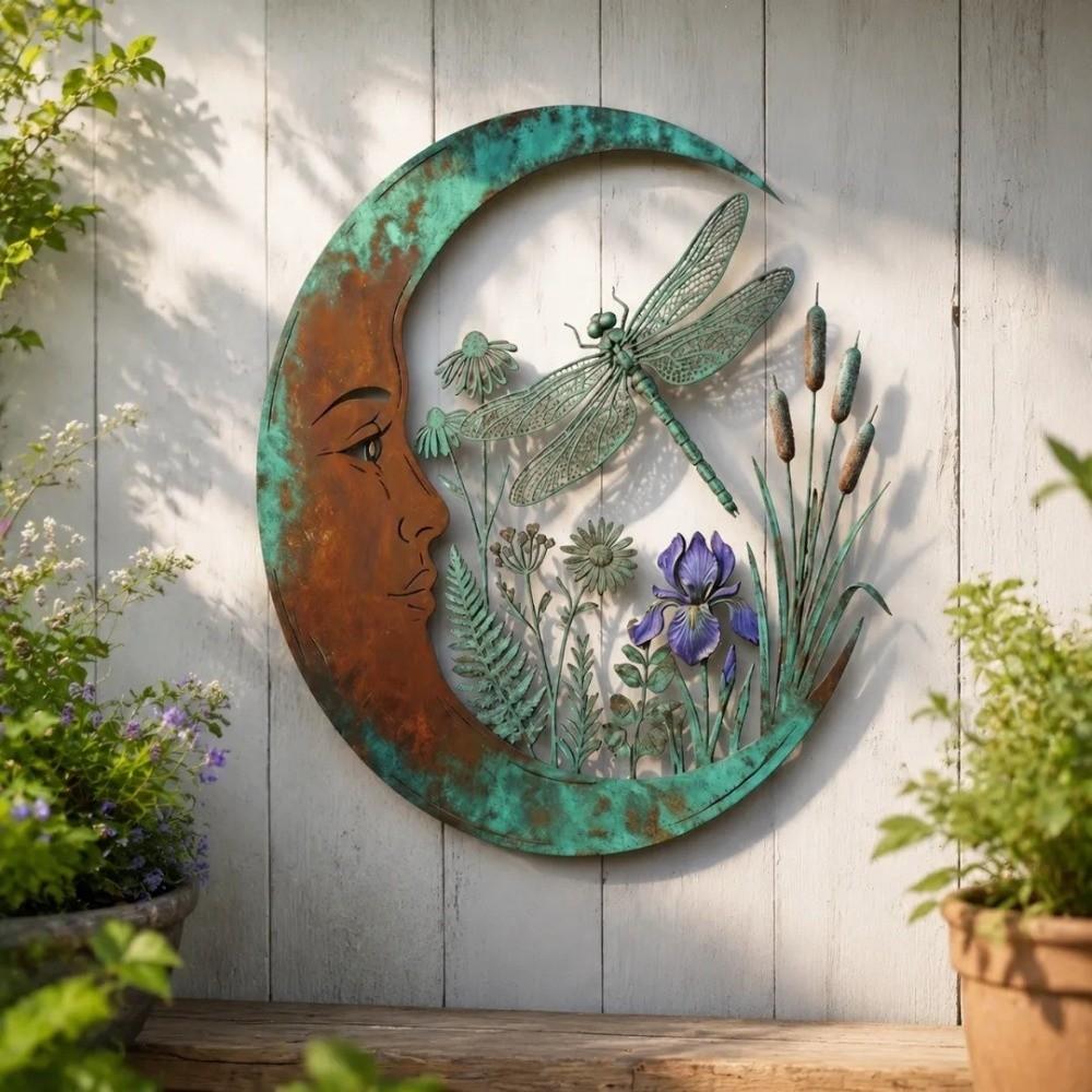 Garden Decor Dragonfly Bee Wall Art 3D Round Celestial Wall Sign Outdoor Accent  Patio Decor