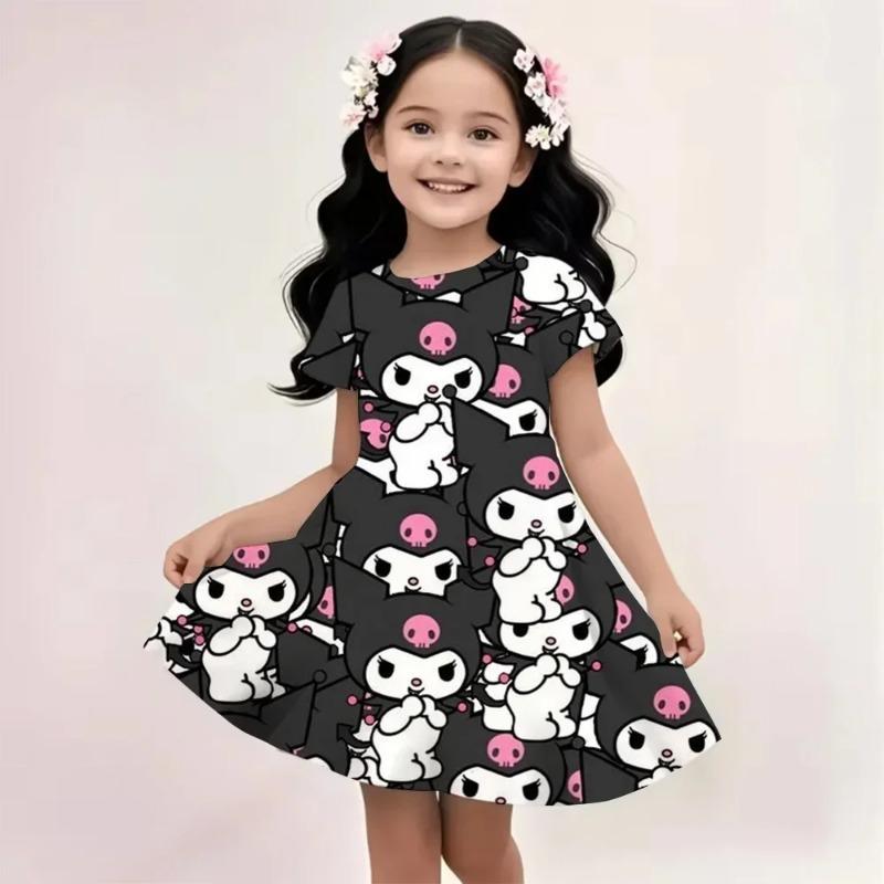 2026 Girl Short-Sleeved Dress Cute Kuromi Hello Kitty print Skirt Summer New Clothes Original Brand Clothing Children's sleep