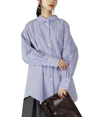 Andit Women's Striped Oversized Shirt, Long Sleeve, Wide Fit, Cotton, Covers the Buttocks, Round Hem, Size M, Navy