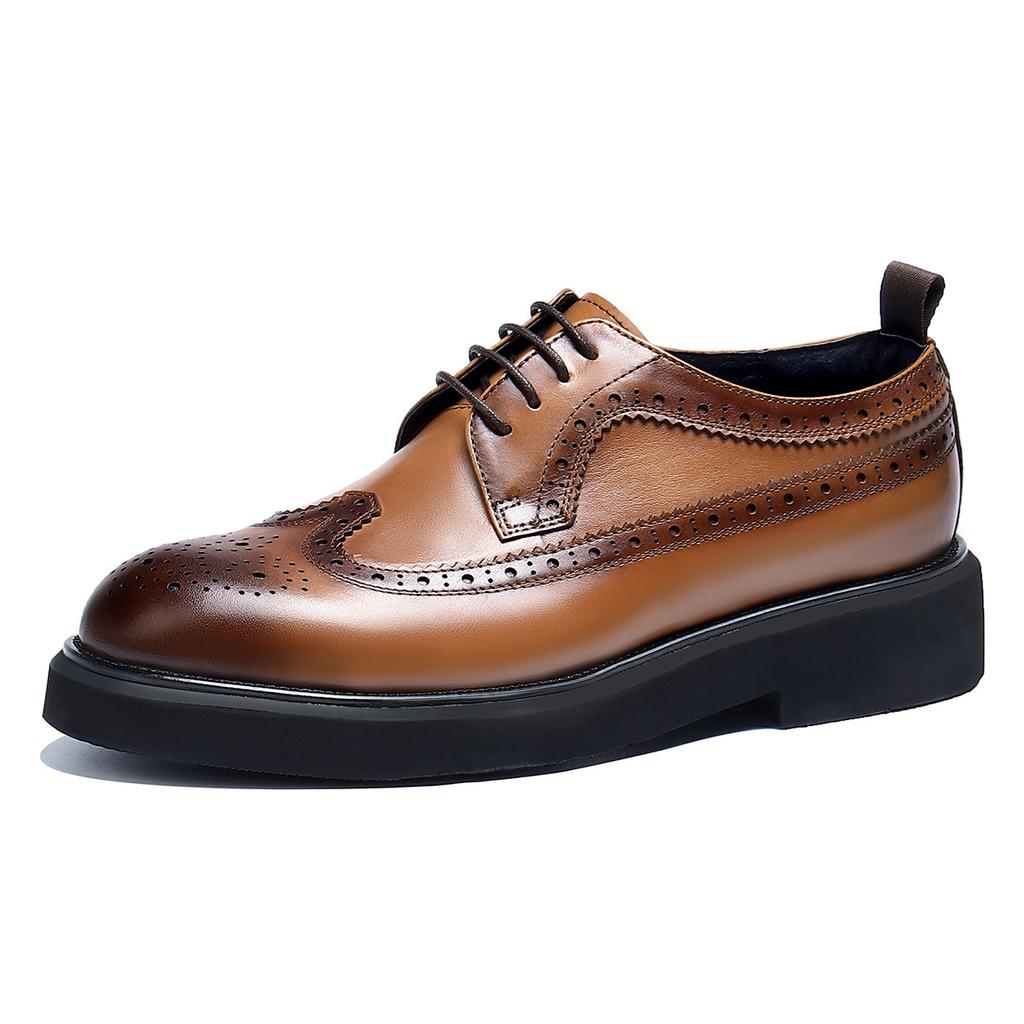 Round Head Block Men'S Leather Big Head Business Casual Shoes First Layer Cowhide Leather Shoes Thick Sole Increase