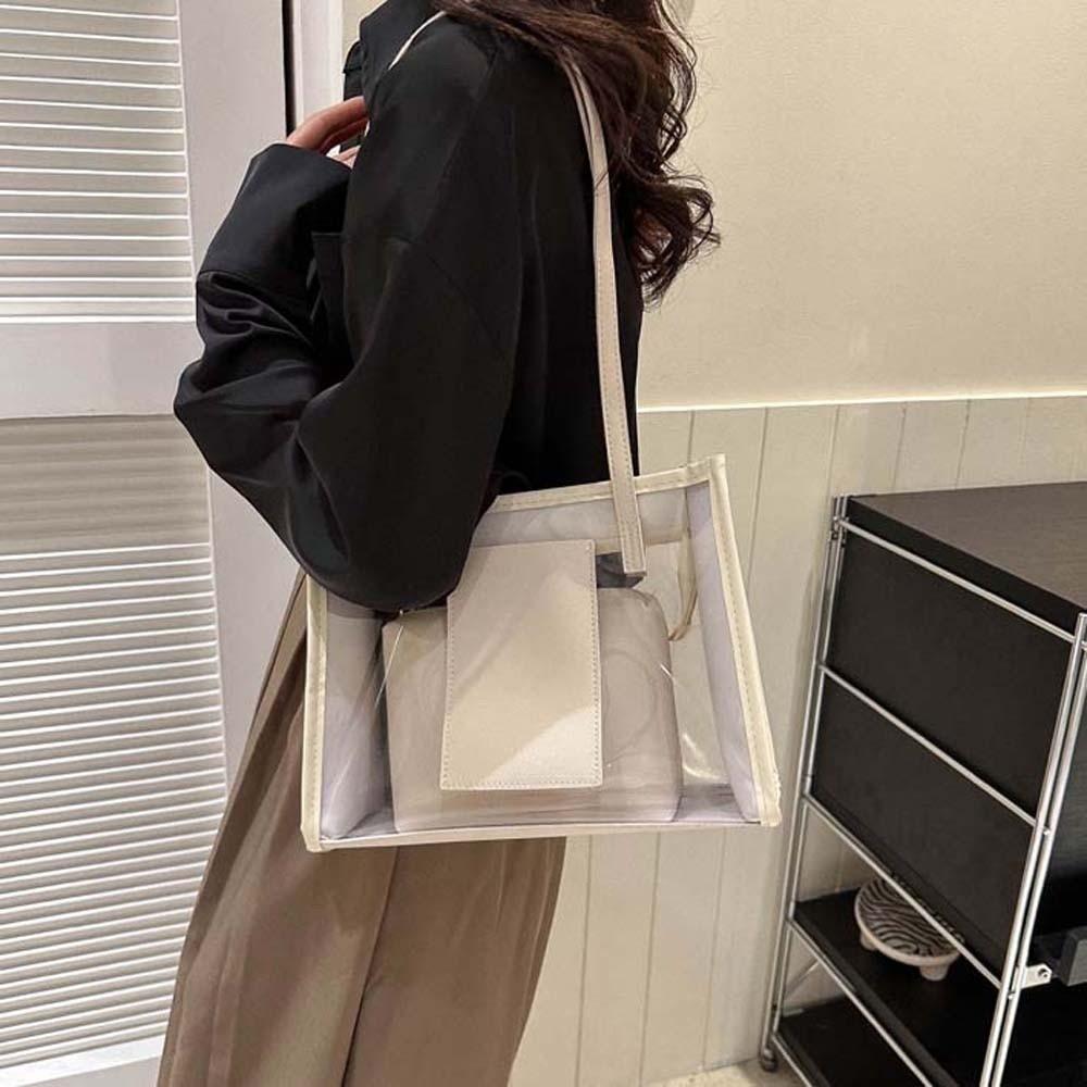 2pcs/set Elegant Transparent Jelly Bag PU Leather Handbag Clutch Bag Clear PVC Shoulder Bag Travel