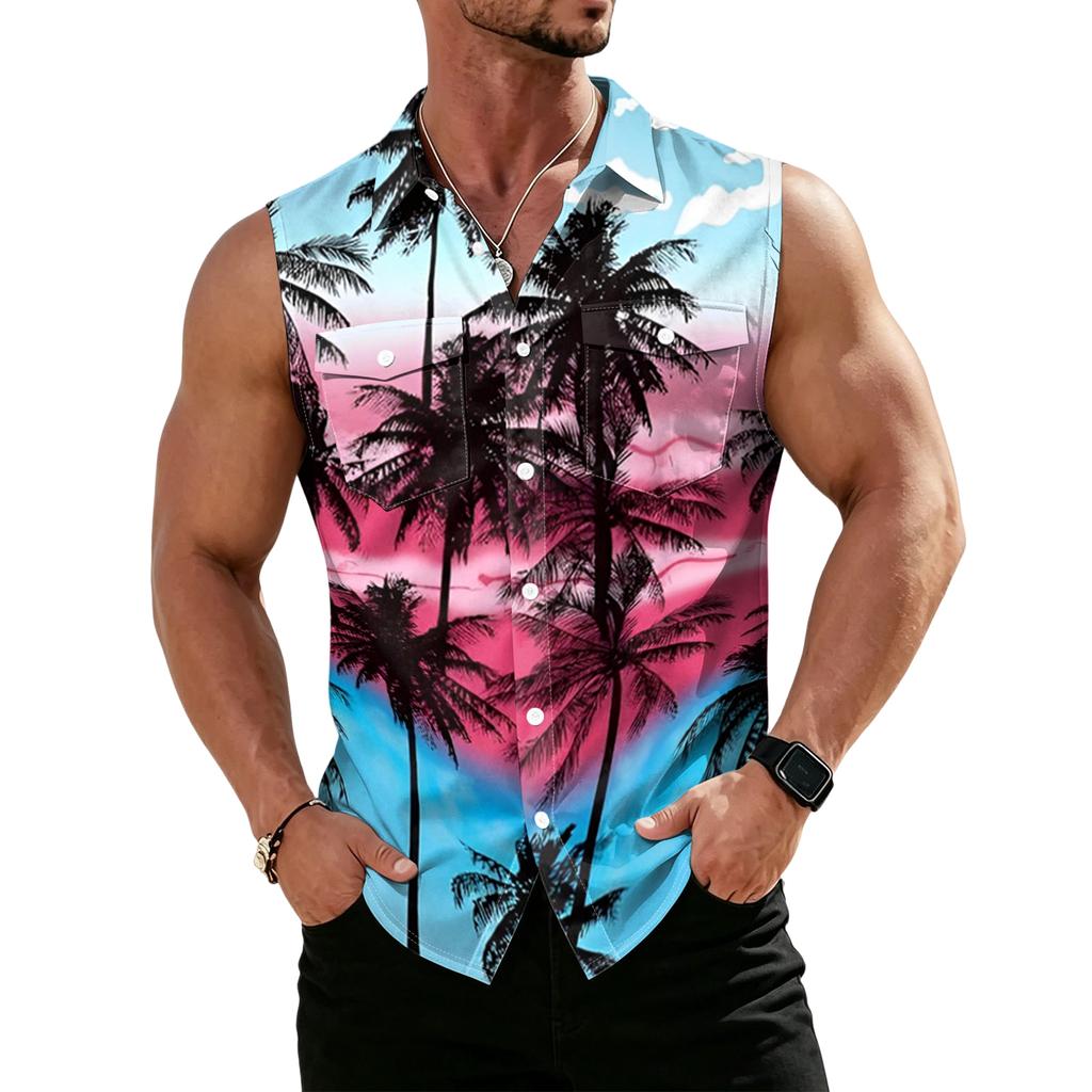 Men's Workwear Lapel Button-Down Vest Shirt - Lightweight Sleeveless Top