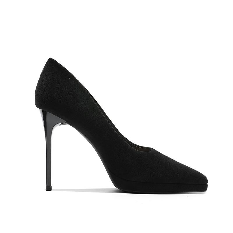 Fashion 2025 Spring New Black High Heels Sexy Stiletto Pointed Toe Platform Lady Party Single Shoe Career Suede Womens Pumps Size 34-39