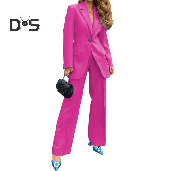 

2 шт./комплект женский пиджак брюки костюм однотонный лацкан формальный деловой стиль длинный рукав одна пуговица широкие прямые брюки офис леди пальто брюки S розы красного