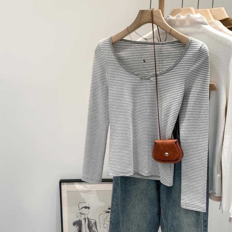 Women s Spring Korean V-Neck Lace Long-Sleeve Striped T-Shirt Large