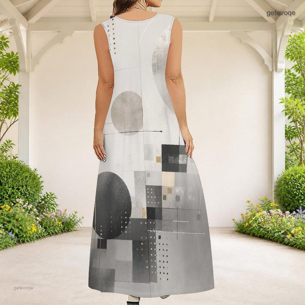 Women Plus Size Grey Black White Printed Scoop Neck Sleeveless A Line Maxi Dress
