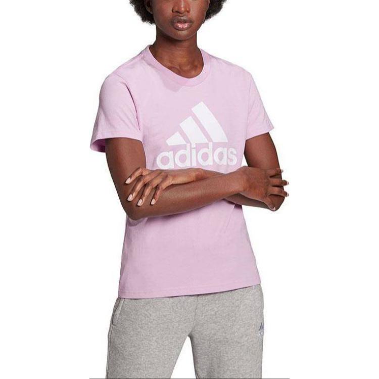 Adidas Letter Logo Print Crew Neck T-Shirt Women Tops Pink GV4030