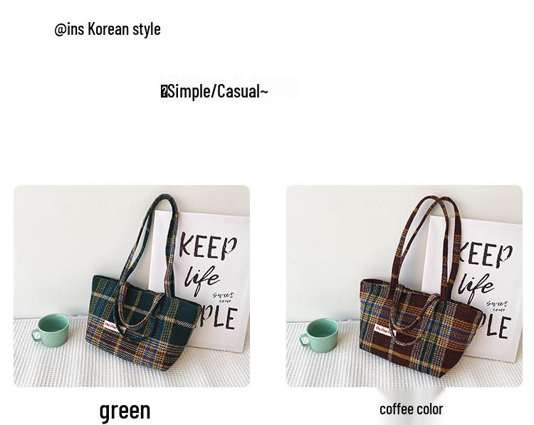 Herbst/Winter Handtasche mit großem Fassungsvermögen im Karomuster - Vielseitige Tragetasche für Damen und Studentinnen im koreanischen/japanischen Stil