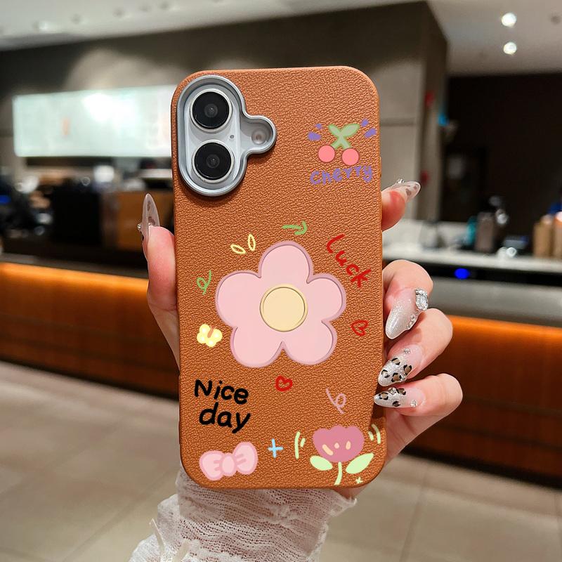 Cute Carton Flower Pattern Leather Texture Slim Soft Case For iPhone 16 Pro Max 15 14 Pro 13 12 11 Matte Lens Protection Shockproof TPU Phone Cover