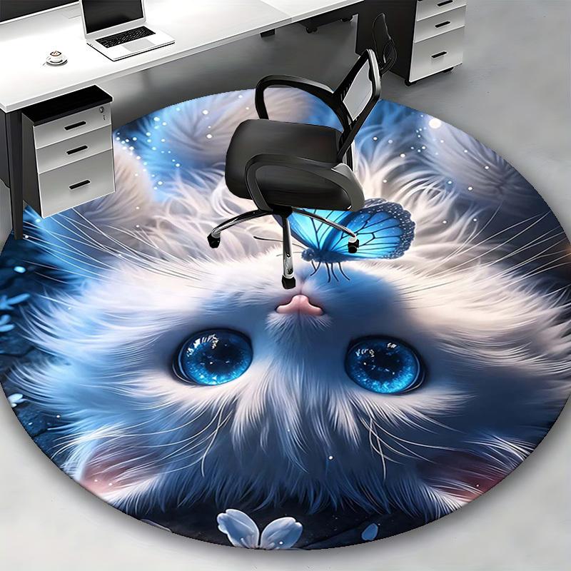 1 Stück Anime-Design Runder Teppich Blaue Schmetterlinge auf Weißer Katze mit Großen Augen, Bürostuhlmatte, Rutschfester Teppich für Heimdekoration, Alle Jahreszeiten