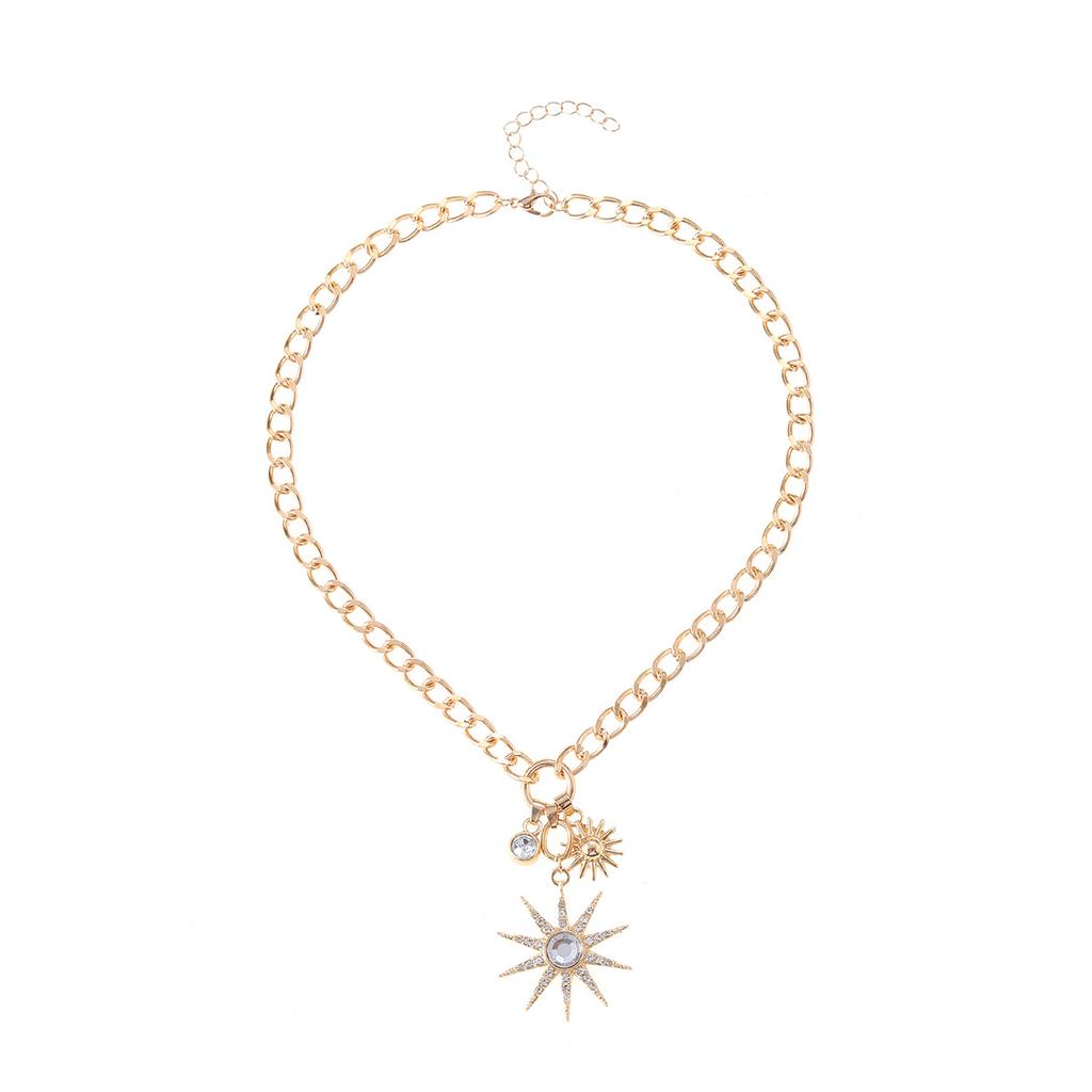 European and American Light Luxury High-end Sun Pendant Necklace Personalized Diamond Thick Chain Alloy Collarbone Chain Jewelry Women