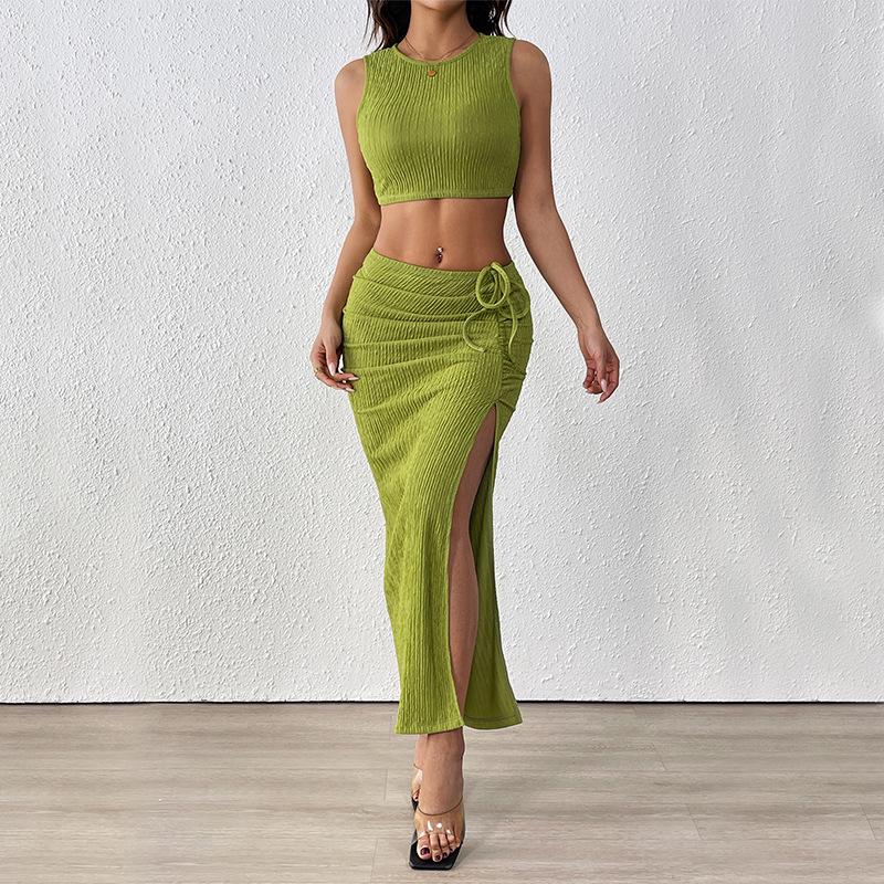 

2025 Summer College Style Solid Color Sleeveless Dress Skirt Set Large зелёный