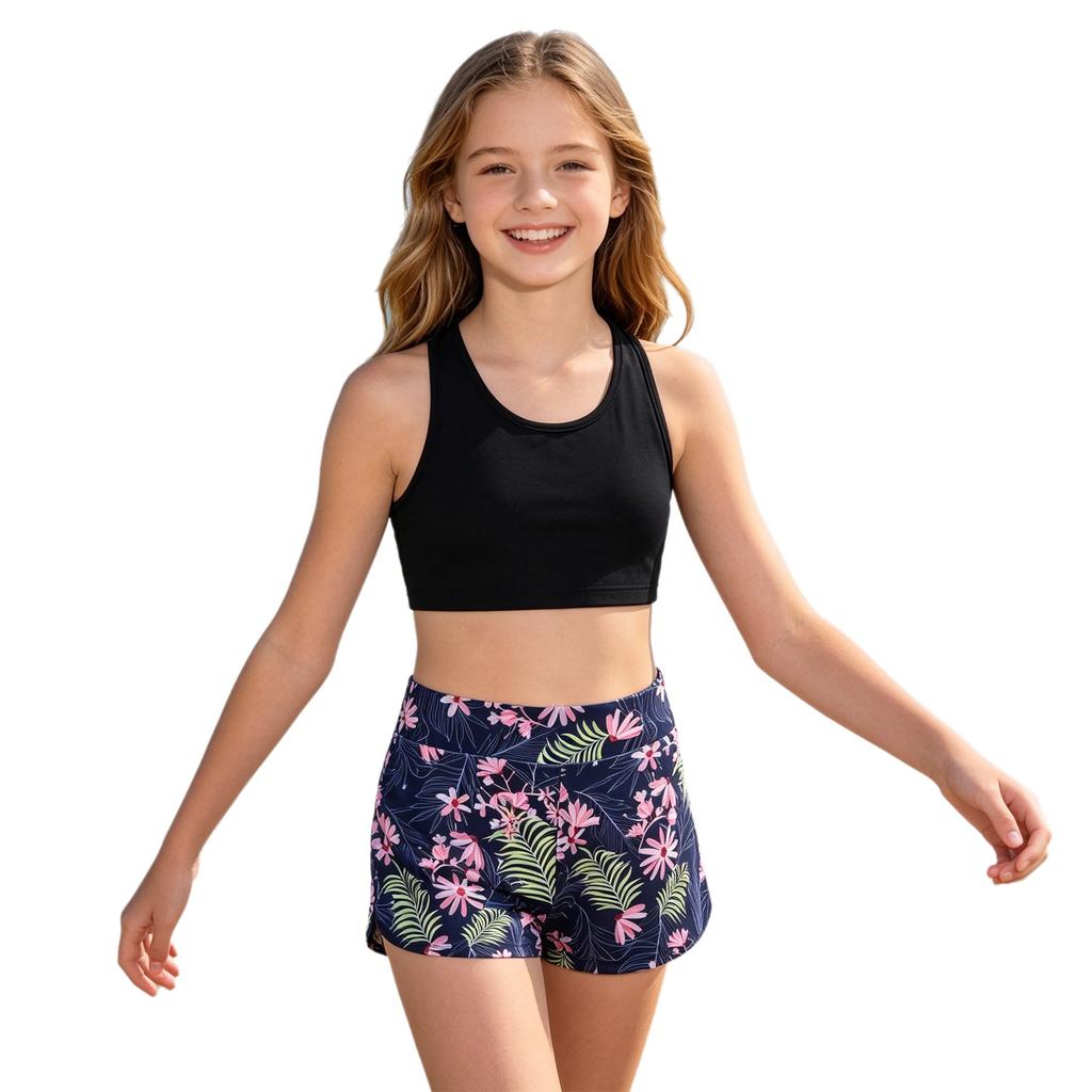 Set Sportivo per Ragazze 2 Pezzi Scollo a U Spalline Sottili Top Corto Incrociato sulla Schiena con Ampia Vita Elastica Pantaloncini con Stampa Gigli Rosa per Palestra Yoga Corsa