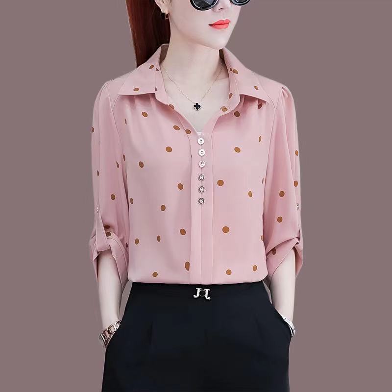 

Office Lady Commuter Turn-down Collar Polka Dot Print Blouses Summer New Women s Clothing Fashion Button Pullovers Elegant Shirt S рожевий