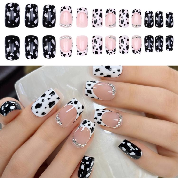 24pcs Medium Length French Leopard Acrylic Nail Art With Rhinestones Full Cover False Nail For Parties And Social Event