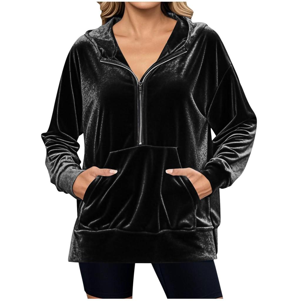 Women's Solid Color Hooded Loose Long Sleeved Zipper Pocket Gold Velvet Top Sweatshirt