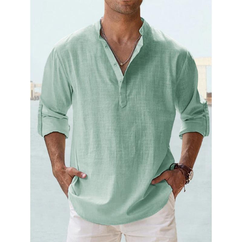 QICED Summer Casual Men's Loose Men's Tide Standing Collar Sports Colour Long Sleeve Cotton Tops Large Size Shirt