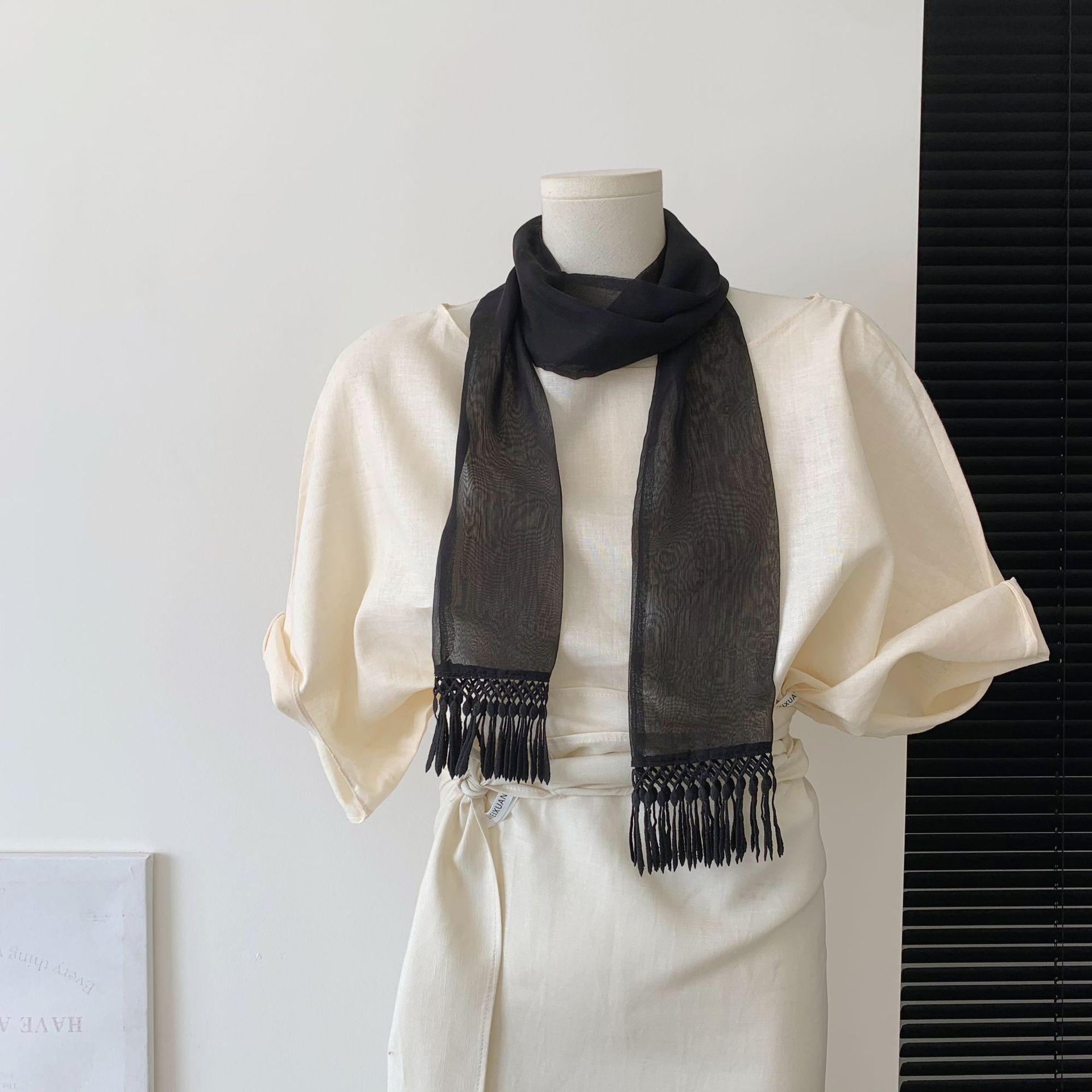 Korean order! 2026 new mesh tassel long strip narrow silk scarf neck spring and summer thin scarf accessories 9-170