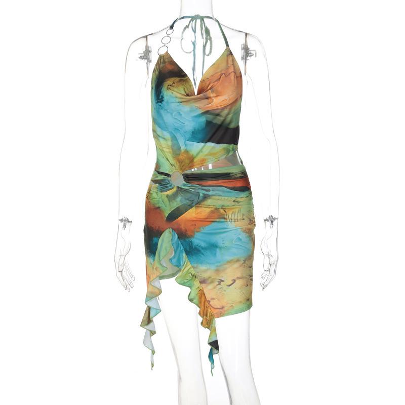 Women s summer new fashion printing sexy halter lace-up dress wholesale S зелёный