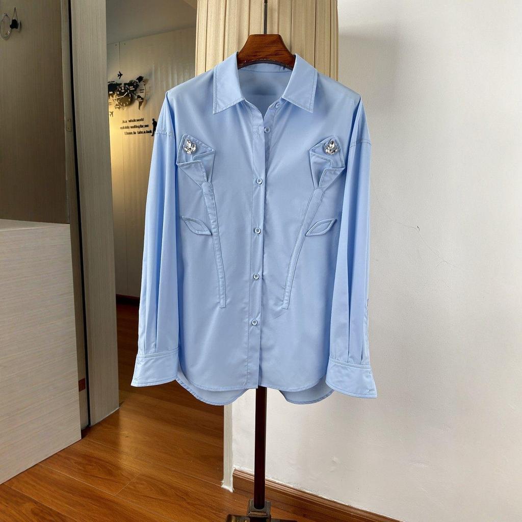 Women's Diamond-Encrusted 3D Floral Loose Long-Sleeve Lapel Shirt, Mid-Length, Spring Top