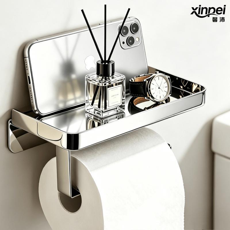 Stainless Steel No-Drill Tissue Holder with Shelf