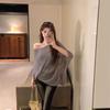 Vintage Gray Thin Sexy Slanted Shoulder Sleeveless Knitted Sweater Women's Summer Loose Irregular Cape Blouse Top