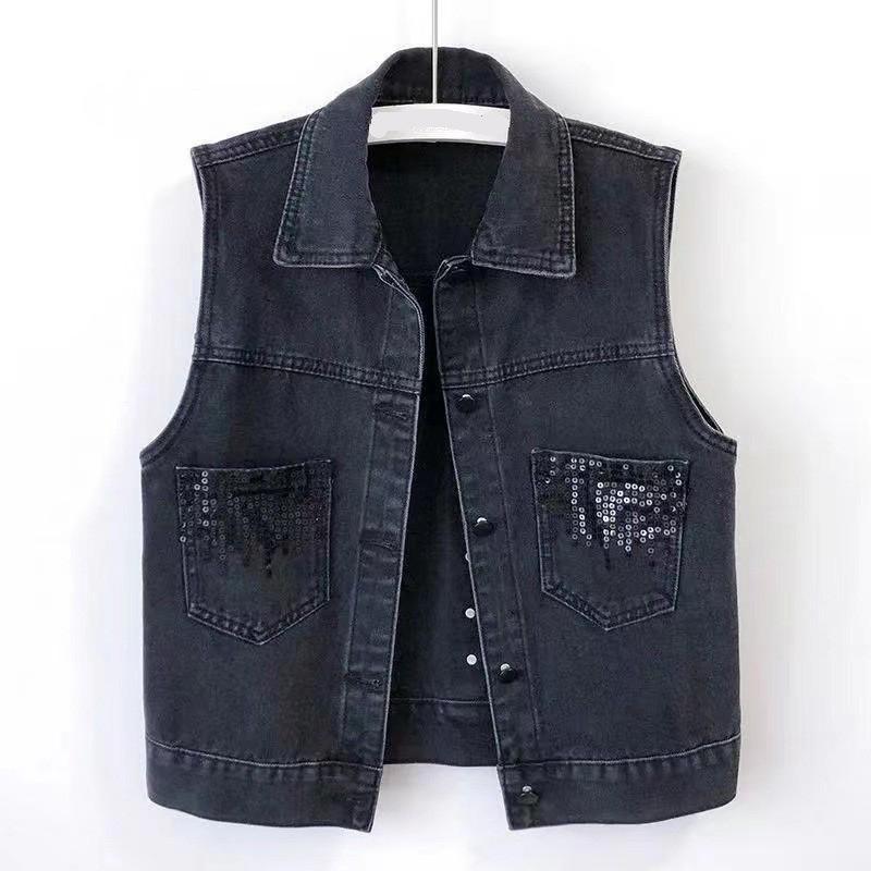 Fashion Design Sequins Summer Autumn Women's Waistcoat Korean Leeveless Denim Jeans Jacket Vest