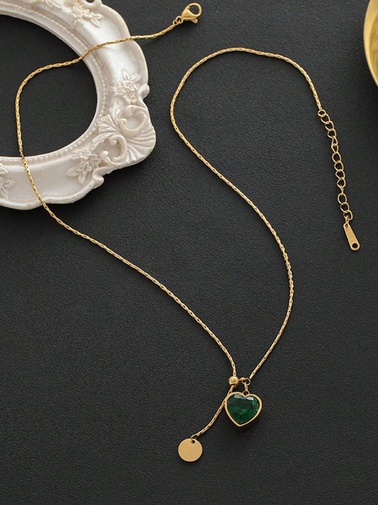 Stainless Steel Emerald Diamond Heart Shape Titanium Steel Adjustable Necklace For Women,  Suitable For Daily Wear And Gifts