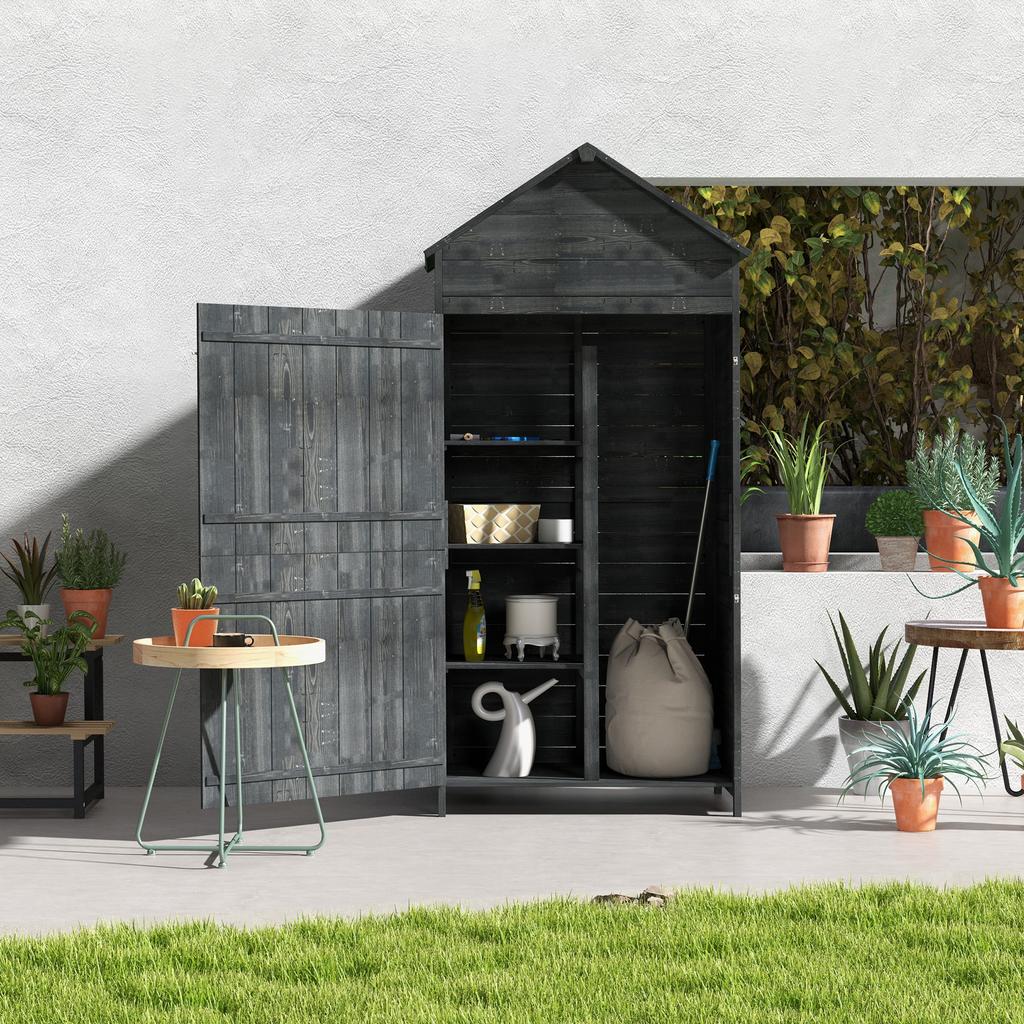 Garden Shed 4-Tier Wooden Garden Outdoor Shed 3 Shelves Utility Gardener Cabinet Lockable 2 Doors - Grey