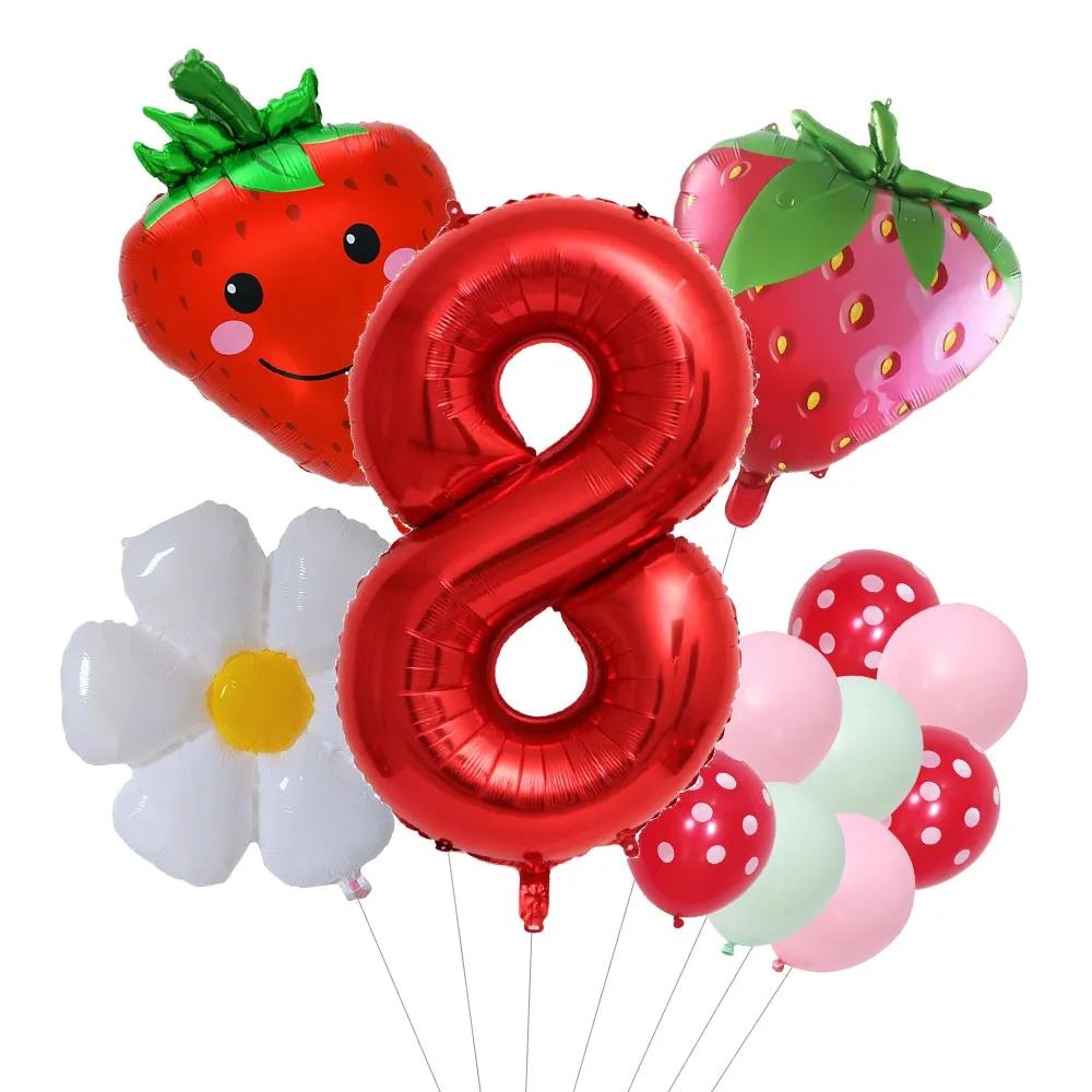 12pcs/set Strawberry Daisy Flower Balloons 32inch Red Number Balloon for Berry First Birthday Girls Sweet Fruit Party Decoration