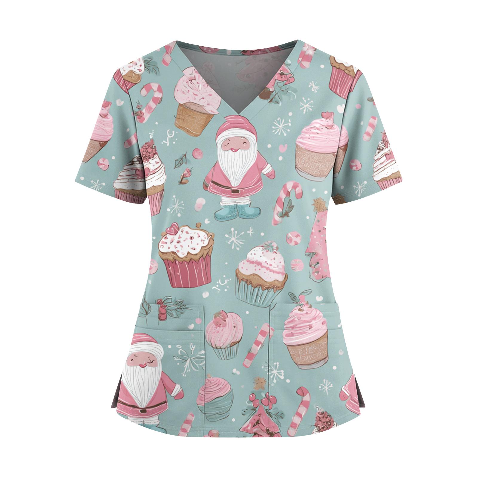

Жіноча різдвяна футболка з принтом, V-подібним вирізом, подвійними кишенями, короткими рукавами, розрізом по подолу, уніформа доглядальниці XXXL
