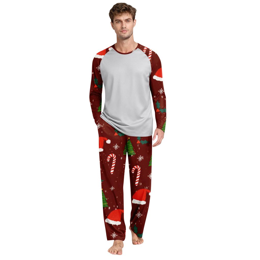 Men's Printed Round Neck Top Casual Comfortable Long-Sleeved Pants Pajama Set
