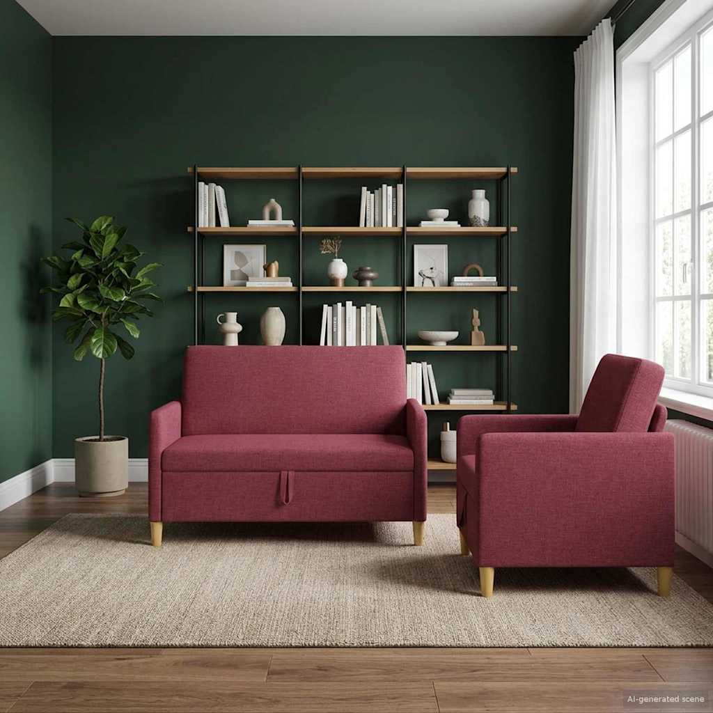 2 Piece Storage Sofa Set In Burgundy Polyester