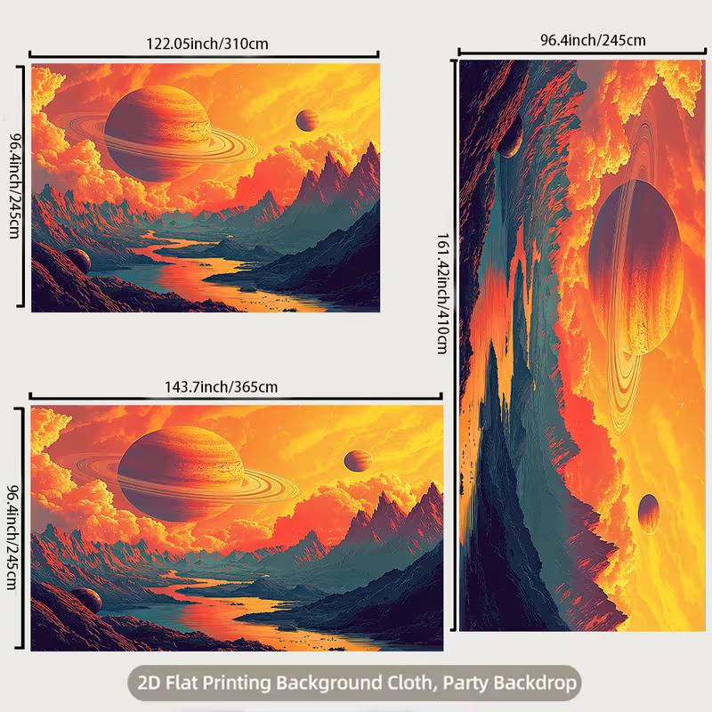 2D Sci-Fi Landscape Backdrop Mountain River with Planets and Dramatic Clouds Party Photo Background