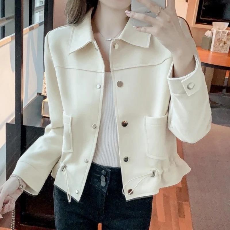 

Womens Solid Color Lapel Ruffle Hem Drawstring Short Jacket S белый