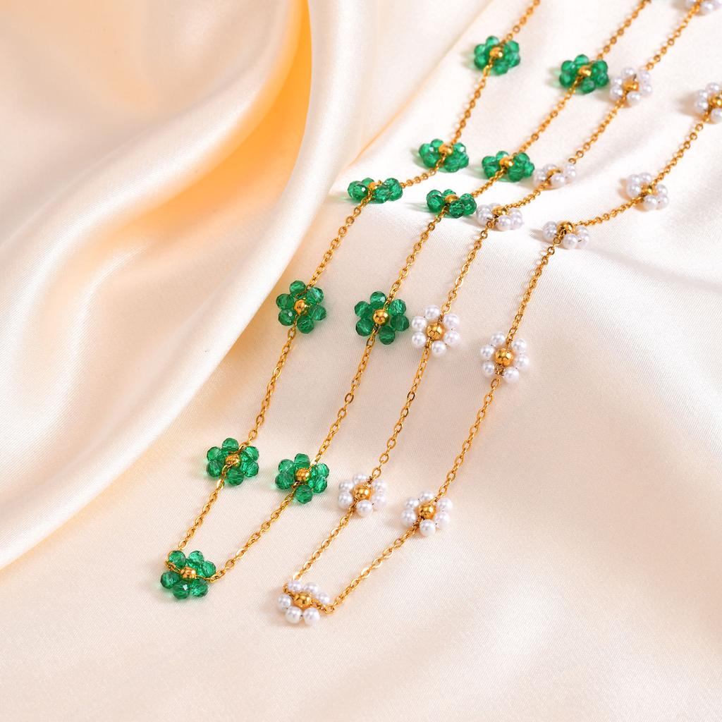 Jewelry Stainless Steel Green Beads Flower Imitation Pearl Bracelet Necklace Gold Ladies