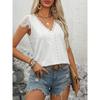 Women Lace Splicing V Neck Short Sleeve Solid Casual Basic T Shirt Top